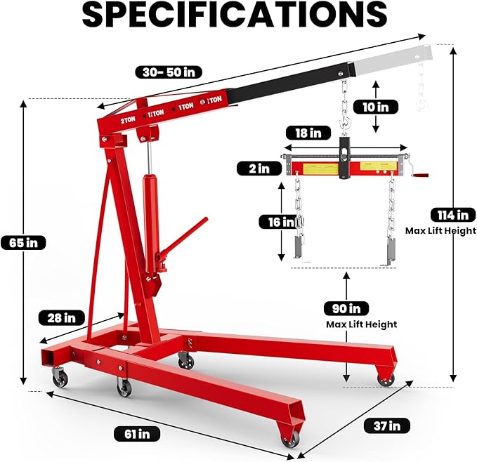 5000 LBS Engine Hoist with Load Leveler, Heavy Duty Alloy Steel Folding Cherry Picker Engine Hoist with 8 Ton Hydraulic Long Ram Jack, Ease of Assembly 2 Ton Engine Hoist for Workshop Warehouse Garage