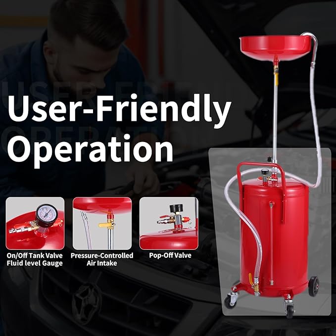 XtremepowerUS 20 Gallon Portable Waste Oil Drain Tank Air Operated Drainage Adjustable Funnel Height with Wheel, Red