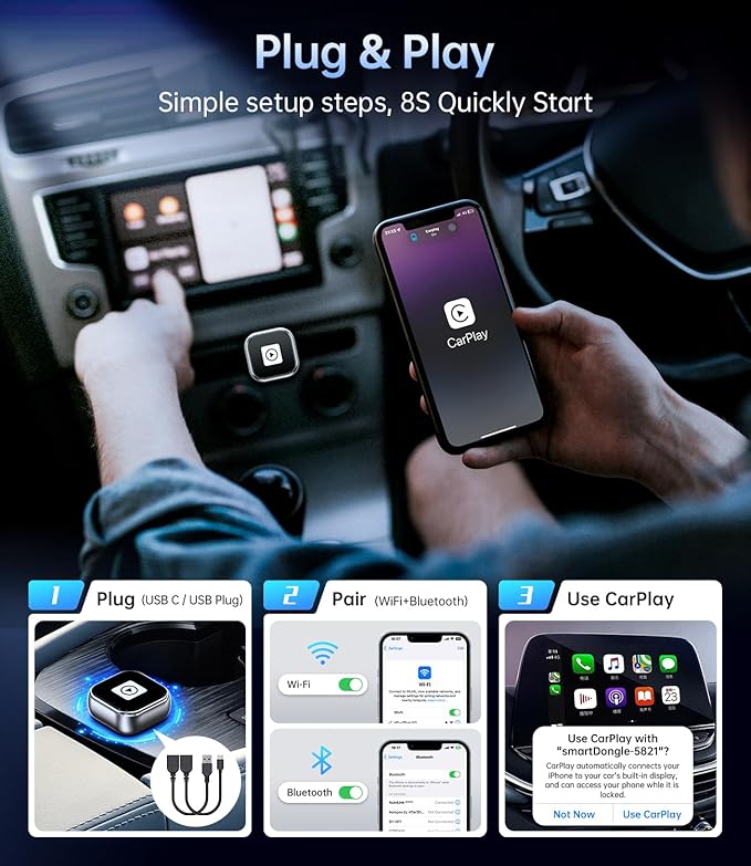 Wireless Carplay Adapter, 2025 Upgrade Mini USB Design for Car Play & Android Auto, Easy Use Fast Stable Connection for iPhone