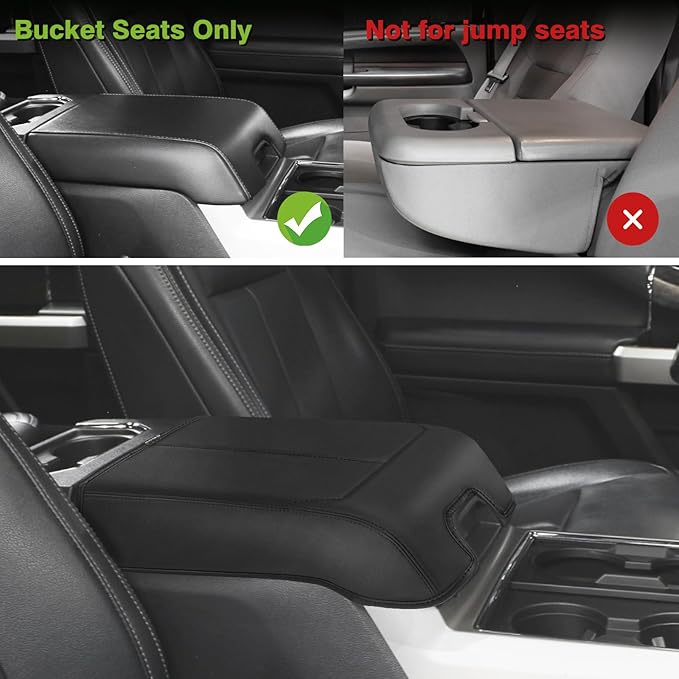 Muslogy Center Console Armrest Cover Compatible with Ford F250 F350 F450 2017-2022 Super Duty Comfort Armrest Pad Arm Rest Cushion Vegan Leather Protector Regular Thick(Bucket Seat ONLY)
