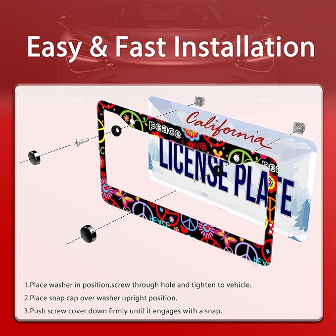 Personalise Hippies Peace Flower License Plate Frames Colored License Plate Frame Car Universal Stainless Steel Accessories Cars Decor 2 Holes Screws Fits Standard US Vehicles Size 12.2 x 6 Inches