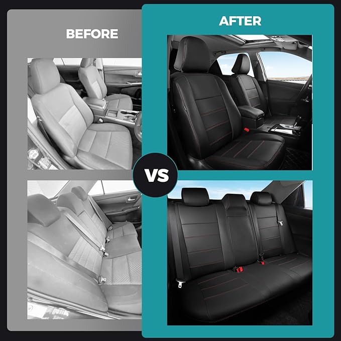 for Toyota Camry Seat Covers L LE XLE 2012 2013 2014 2015 2016 2017 - Custom Fit Car Seat Covers Full Set, Waterproof Breathable Luxury Leather Seat Covers for Cars, Black Red Not for Hybrid
