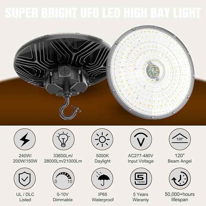 3 Pack 480V LED High Bay Light UL DLC Listed UFO Light 240W 200W 150W Adjustable, Dimmable High Bay LED Shop Lights 5000K Daylight, IP65 Commercial Bay Lighting for Warehouse Factory