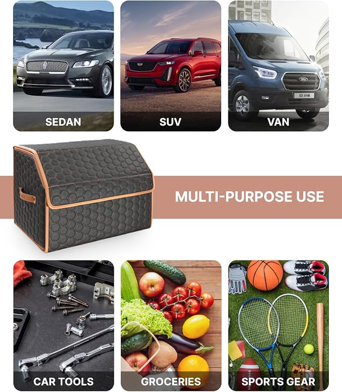 Sedan Trunk Organizer 17.7" Storage Tote For Groceries, Tools & Travel Gear - Foldable Eco-Leather Car Crate With Magnetic Lid | Stylish Presents For Drivers | Black-Brown (Hexy 17)