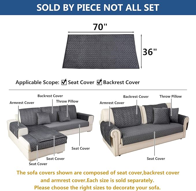 Eismodra Couch Cover,Sectional Couch Covers,Sofa Covers for 3 Cushion Couch,Anti-Slip Sofa Slipcovers for Dogs Cats Kids Loveseat Recliner L Shaped Armrest Backrest,Dark Gray 36''x70''(Only 1 Piece)