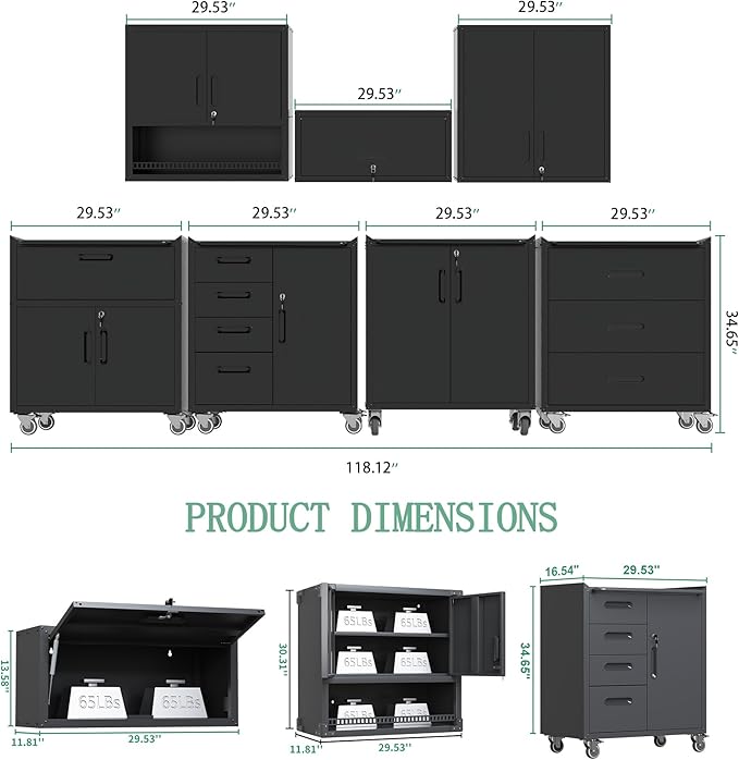 Metal Tool Cabinet,Garage Storage Cabinet System,Wall Cabinet & Locking Rolling Tool Cabinet with Doors and Adjustable Shelves,Steel Tool Cabinets for Home,Office (7 Pcs-StyleA, Black)
