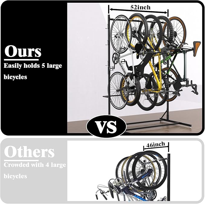 Freestanding Bike Storage Rack for 5 Bikes, 52" Wide Steel Vertical Bike Rack with 5 Bike Hooks & 6 Hooks for Helmet Storage, Bike Racks for Home and Garage, Indoor Floor Bike Stand