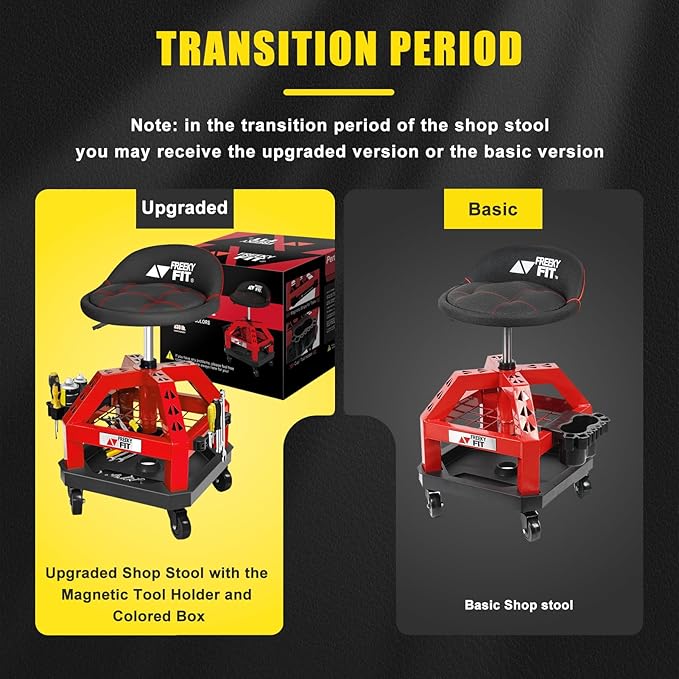 Rolling Shop Stool for Garage with Casters, DO02-Adjustable Height 360° Swivel Shop Seat with Tool Tray Storage, 330 LBS Capacity Padded Mechanic Stool, Magnetic Tool Hold, Heavy Duty, Red