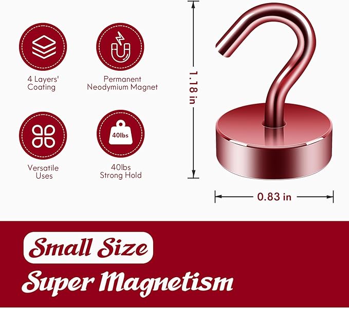 Neosmuk Magnetic Hooks, Cruise Ship Essentials, 40lb+ Heavy Duty Magnetic Hooks for Cruise Cabins, Refrigerator, Grill, Hanging, and Travel | Extra Strong Must-Haves Magnet Hook,Red,Pack of 10