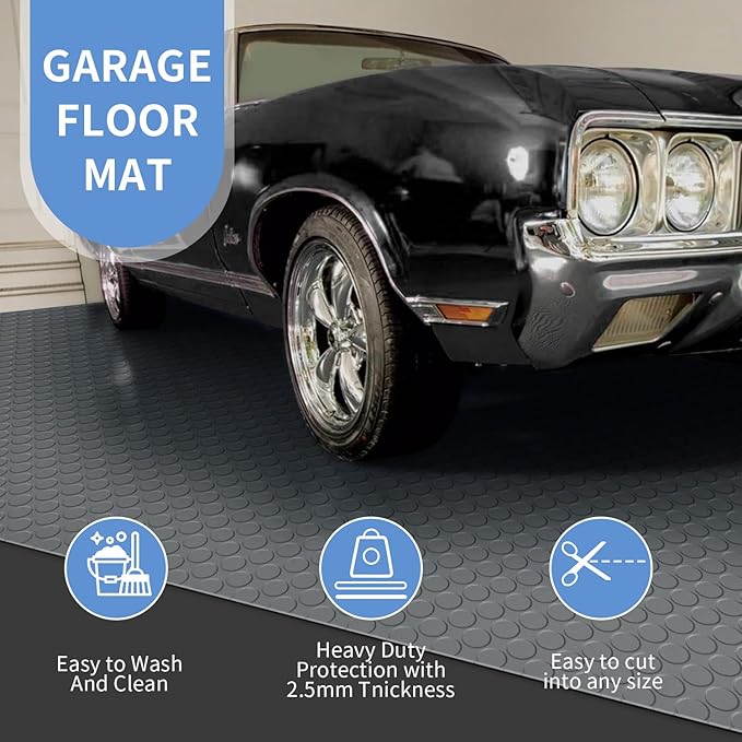 Premium Garage Floor Mat, Commercial Grade Heavy Duty Parking Mat for Garage Floor, Golf Cart Parking, Water/Stain Resistant Floor Runner (Grey Coin, 2 Rolls x 4 x 6.5 Feet)
