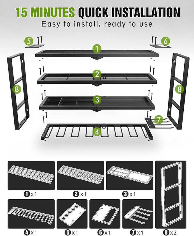 MAXIFFE 4 Layer Power Tool Organizer Wall Mount, Heavy Duty Metal Cordless Tool Organizers and Storage Rack Holder with 9 Drill Holders for Garage Storage Organization, Gifts for Men, Black, 26 inch