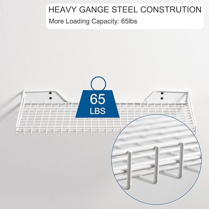 Wallmaster Heavy Duty Garage Wall Shelving 2 Pack 23.6"x11.8" Metal Wire Shelves Wall Mount Mesh Storage Rack for Garage, Office, Basement and Kithcen, max Load 65 lbs (White)