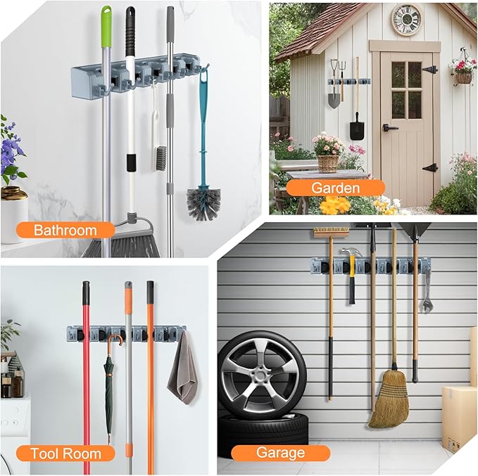 nacena Broom Holder Wall Mount, 2 Packs grey Wall Hanging Garden Tool & Utility Closet Organizer Mop & Broom Hook Wall Mounted Heavy Duty Broom and Mop Organizer Wall Hanging for Bathroom, garage