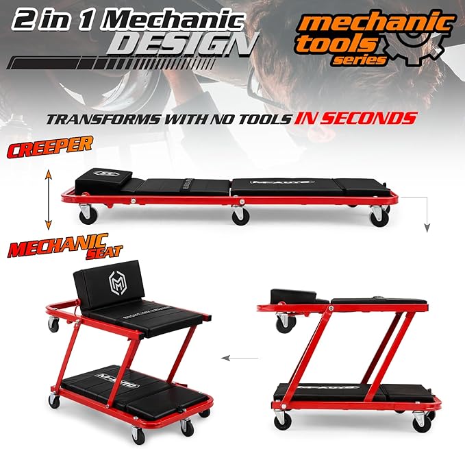 M-AUTO Heavy-Duty Convertible Mechanic Creeper, Z-Creeper 2-in-1 Creeper and Seat 48" Padded Adjustable Headrest Roller Garage Chair with 7 Swivel Casters for Washing, Detailing, Maintenance, Red