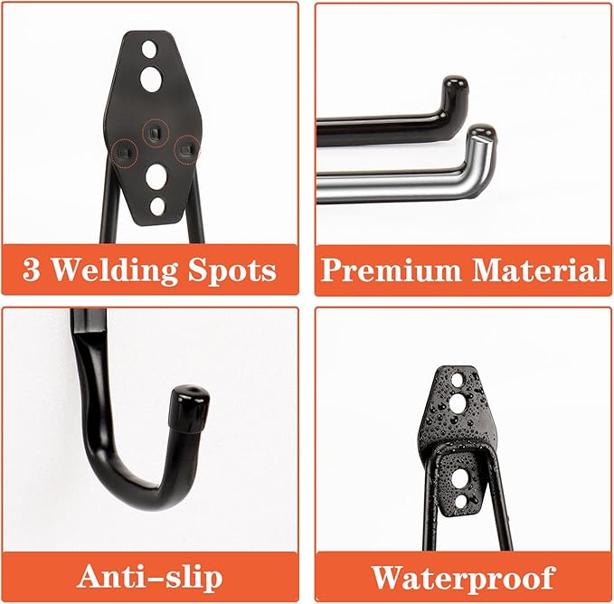 TocTen Garage Hooks, 14 Pack Garage Storage Hook Heavy Duty Solid Steel Wall Hooks, Wall Mount Storage Hook Kit with Anti-Slip Coating Ladder Hooks for Hanging Garden Tools Chair Hose Ropes (Black)