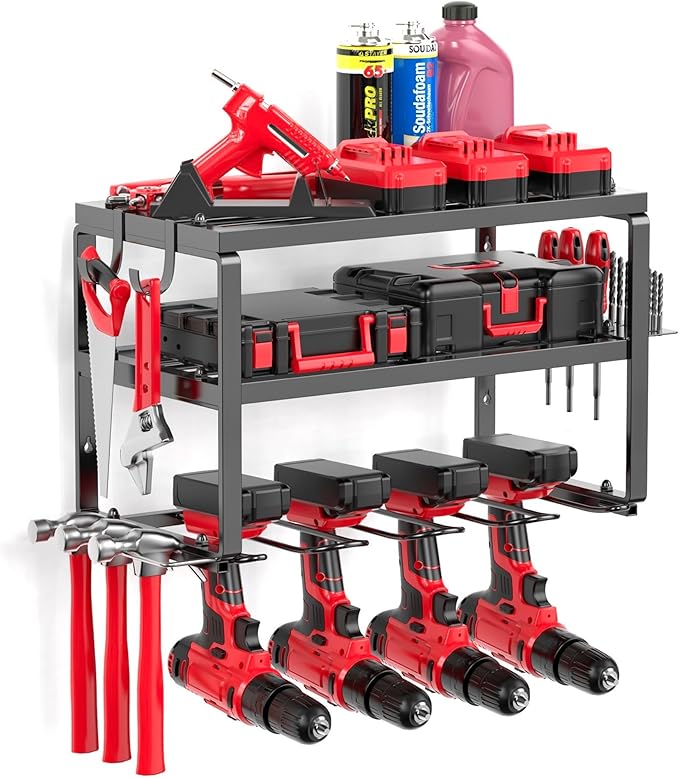 Heavy Duty Drill Holder & Power Tool Organizer Wall Mount, Metal Cordless Tool Organizer for Cordless Drill, Accessory Holder Rack Suitable for Workshop Garage (3 Tier 4 Drill Holder)
