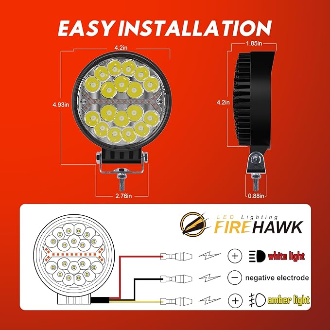 Firehawk LED Light Pods Bar 4 Inch 30000LM 60W Round Spot Flood Amber White Driving Offroad Fog Work Backup Bumper for Truck Jeep ATV UTV SUV Tractor Motorcycle 4x4 Cart Trailer Boat Waterproof 2PCS