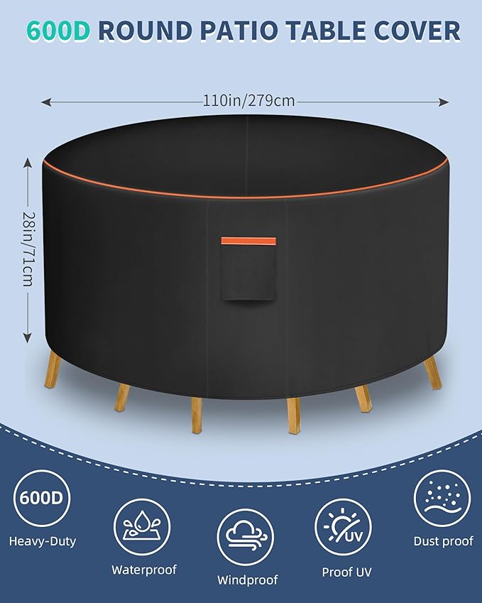 Round Patio Furniture Cover, 110 Inch Diameter Waterproof 600D Heavy Duty Table and Chair Set Protection Black
