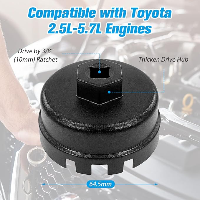 Heavy Duty Oil Filter Cap Removal Tool, 64mm 14 Flute Oil Filter Wrench, Compatible with Toyota, Lexus, Highlander (2.5L-5.7L Engines)