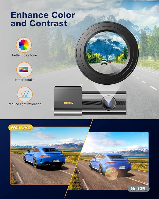 Dash Cam Front and Rear 4K, Built-in 5GHz WiFi with CPL, Dual Dashcams for Cars with 64GB Card, 24H Parking Mode, WDR, Ultra HD Night Vision, G-Sensor, Loop Recording, App Control, Support 256GB Max