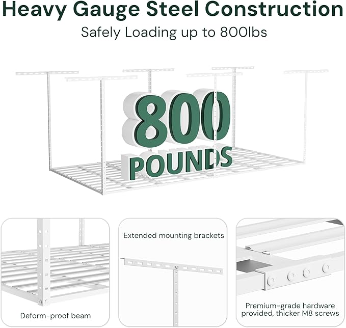 SunsGrove 3x6 Garage Storage Overhead Rack Organization, Adjustable Ceiling Mounted Storage Racks, 800LBS Weight Capacity, 22"-40" Ceiling Dropdown, White