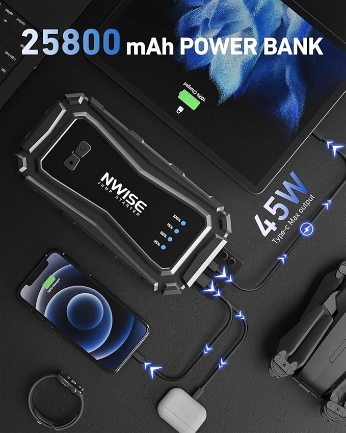 NWISE Car Jump Starter, 6000A Peak 25800mAh Portable Battery Starter (Up to 10L Gas or 8L Diesel Engine) with Smart Safety Jumper Clamps,12V Jump Boxes with 45W Fast Charging