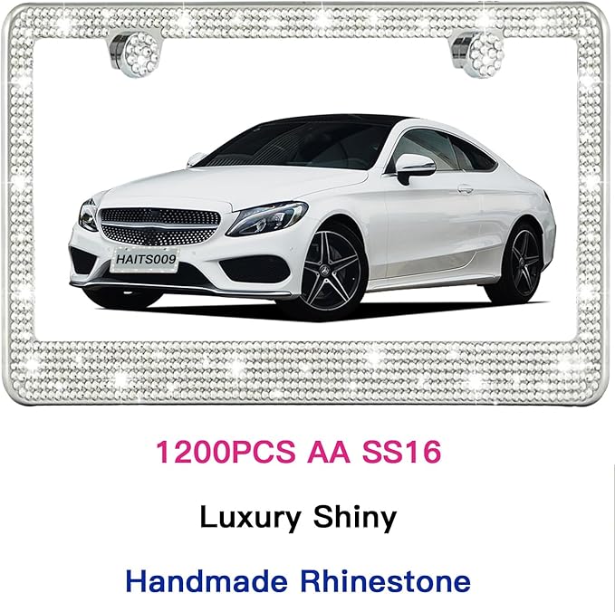 2 Pack License Plate Frames for Women, Sparkly Rhinestone Diamond Car Accessories with Glitter Crystal Caps (White (2PCS))