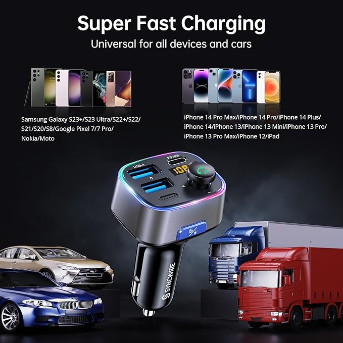 Syncwire Bluetooth 5.3 FM Transmitter Car Adapter 48W (PD 36W & 12W) [Light Switch] [Hi-Fi Deep Bass] [Fast Charge] Wireless Radio Music Adapter LED Display Hands-Free Calling Support USB Drive