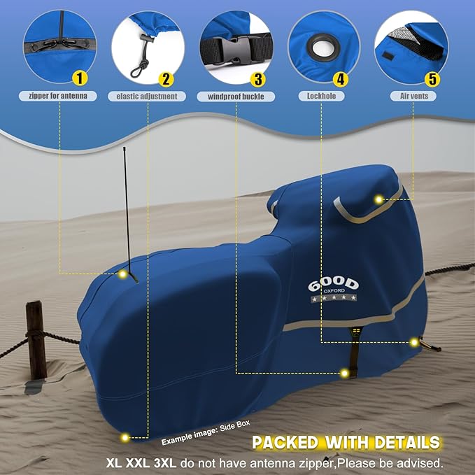 Rosefray Motorcycle Cover with Side Box Heavy Duty 600D Waterproof for Touring Models Harley Davidson Road King,Road Glide,Street Glide, Electra Glide,Low Rider-ST Indoor & Outdoor Storage Blue