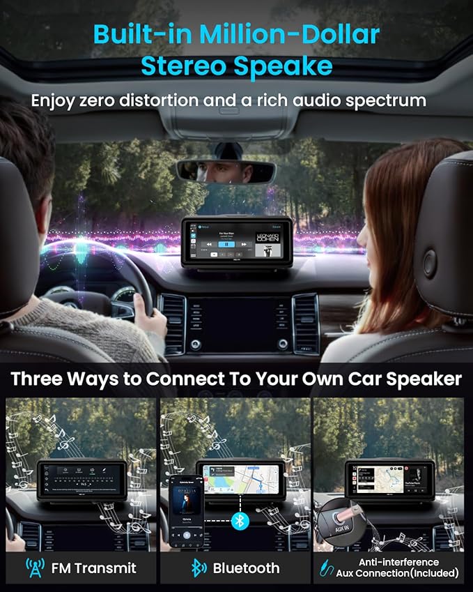 Portable Apple Carplay Screen for Car, Touch Screen with Wireless Android Auto, Car Audio Receivers with Voice Control, Mirror Link, Music Play, GPS Navigation, Built-in Customized Speakers (Black)