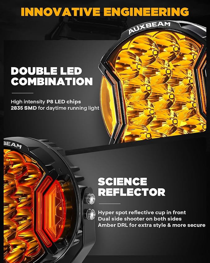 Auxbeam V-Ultra Series 7" 226W Side Shooter LED Offroad Lights, Amber DRL 3 Modes Light Bar, 270° Coverage Round LED Pods Spotlights, 26800LM Yellow Fog Lights with Protective Covers, Pair