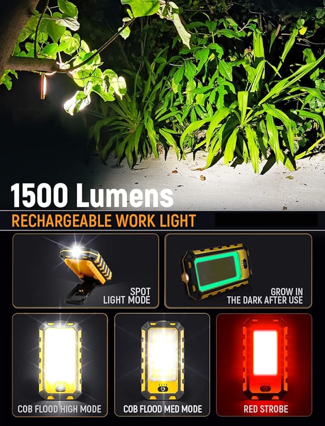 LED Rechargeable Magnetic Work Light 40W 1500Lumens, Hanging Hook 4 Lighting Modes, Job Site Lighting for Car Repairing, Camping, Hunting, and Hurricane (2, Orange)
