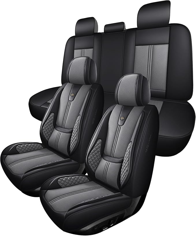 Car Seat Covers Full Set, Black Seat Cover for Cars Compatible Airbag, Easy Install Luxury Leather Automotive Seat Covers with Lumbar Support, for Car, Truck, SUV, Grey