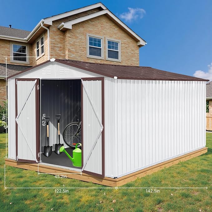 10 x 12 FT Outdoor Storage Metal Shed, Garden Bike Shed with Slooping Roof, Lockable Doors and Windows, All-Weather Tool Shed Easy to Assemble for Backyard, Patio, Lawn, White