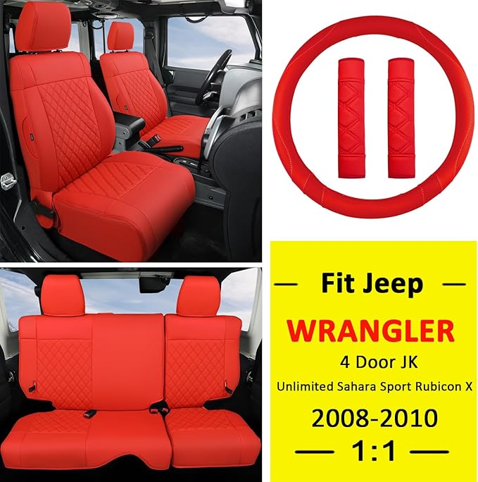 GIANT PANDA Customized Full Set Car Seat Covers for Jeep Wrangler 4 Door JK Unlimited Sahara Sport Rubicon X 2008 2009 2010, Faux Leather - (Red)