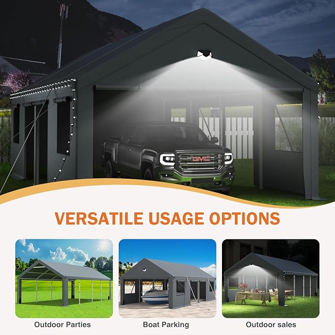 Carports 13X25 Heavy Duty,Portable Car Port Garage,Carport Canopy with Side Doors,Outdoor Car Shelter All Weather,Gray