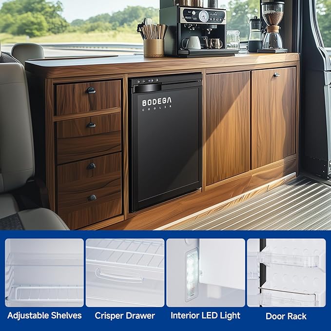 BODEGACOOLER 12 Volt RV Refrigerator, 35.4L(1.25Cu.ft) RV Fridge with Freezer, APP Control Car Refrigerator, (-4℉-46℉) Travel Compressor Cooler 12/24V DC for Boat, Yacht, Caravan, Truck, Camping