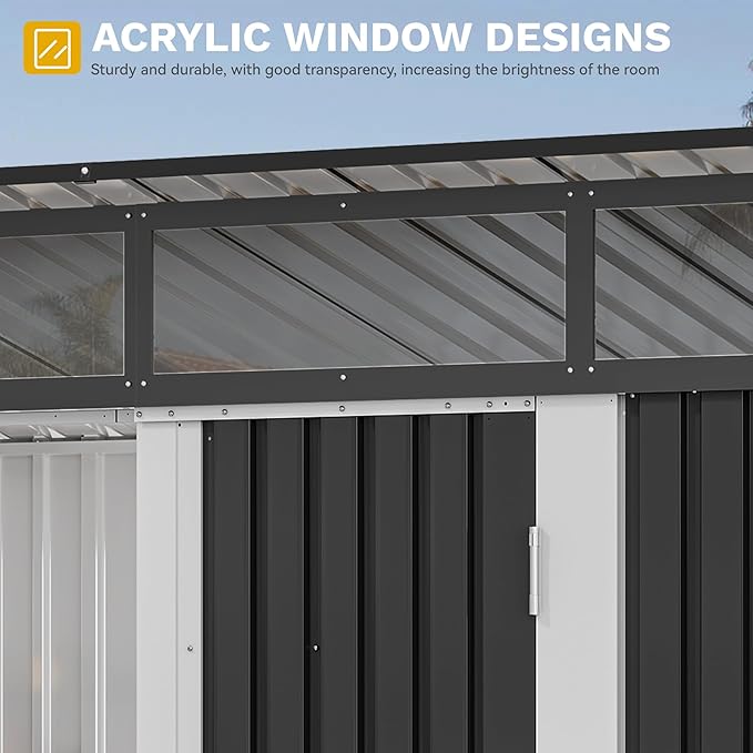 DWVO 9x4 FT Outdoor Storage Shed with Acrylic Windows, Utility Tool Shed Metal Storage Garden Shed with Door & Lock for Bike Storage, Waterproof Trash Shed for Backyard Garden Patio, Dark Dray