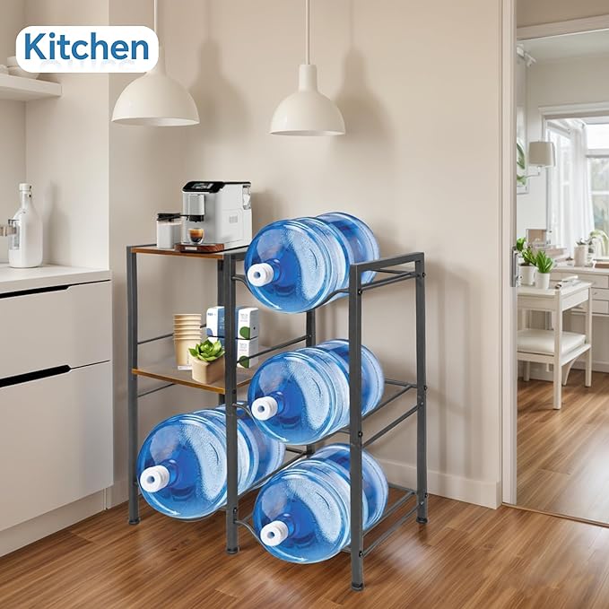 3-Tier 5 Gallon Water Bottle Holder, Heavy Duty Water Jug Rack with Wood Top Shelf, Water Dispenser Stand for Kitchen, Office, Garage