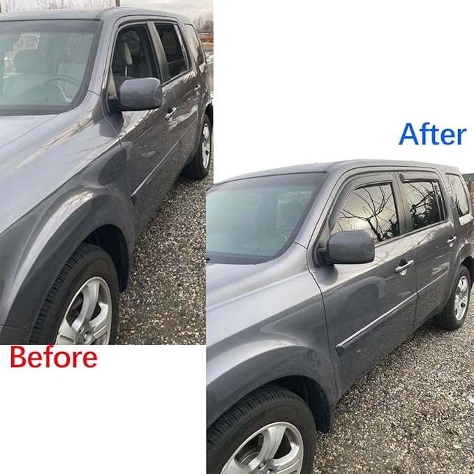 94084 Side Window Wind Vent Deflector, 4pcs Out-Channel Tape-On Nice Rain Guards Set,Dark Smoke Window Visor fit for 2009-2015 Honda Pilot