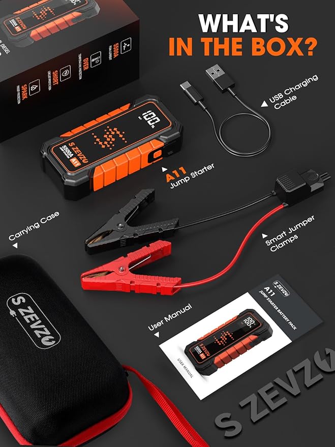S ZEVZO A11 5500A Car Battery Jump Starter, 88.8Wh Battery Jumper Starter Portable (All Gas & 10.0L Diesel Engines) 12V Lithium Jump Box with LCD Display, 3 Modes Flashlight, USB Quick Charge and Case