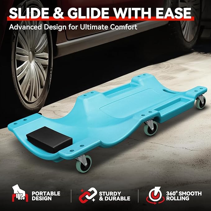 Auto Dynasty 40 Inches Mechanic Creeper, Automotive Garage Repair Low Profile Under Car Rolling Creeper with Padded Headrest, Plastic, Sky Blue
