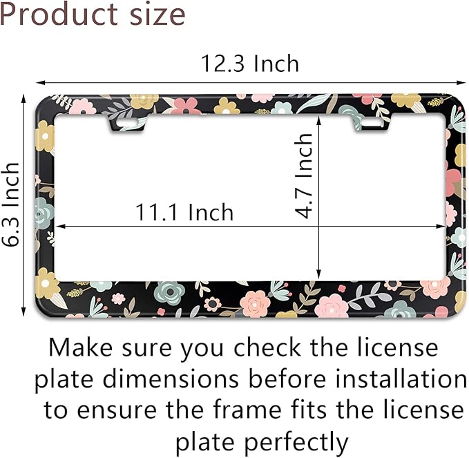 Black Cute Cartoon Floral License Plate Frame Colorful Flowers Stainless Steel License Plate Holder Auto Parts Decoration with Screws License Plate Holder 12x6 Inch for Women Gift Car Accessories