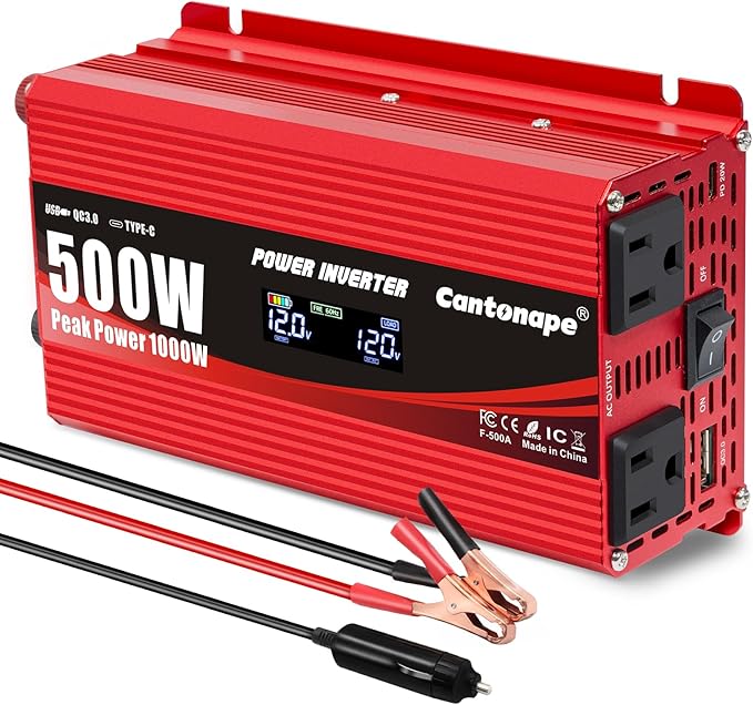 500 Watt Car Power Inverter DC 12V to 110V/120V AC Converter with LCD Display 2 AC Outlets 3.0A USB and Type-C Car Charger Adapter for Car Home Laptop Truck