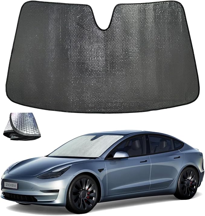 Windshield Sun Shade for Tesla Model Y 2020-2024 - 5-Layer Bubble Accordion Foldable Front Window Shade Sun Visor Accessories - Blocks Heat & UV Rays