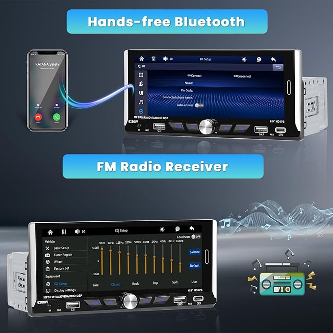 6.9 Inch Single Din Car Stereo with Wireless Carplay Android Auto, HD Touchscreen Radio Receiver with Bluetooth5.0 Audio FM/RDS EQ SWC Mirror Link USB/Type-C Port Backup Camera