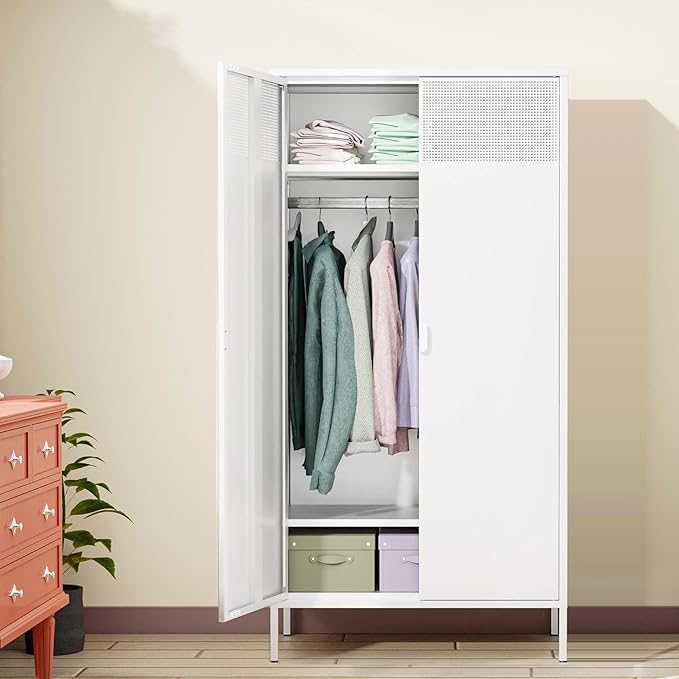 Metal Storage Cabinets Locker with Hanging Rod and Adjustable Shelves, 71'' Clothing Steel Storage Wardrobe for Home & Office, School, Employee,Gym(White, 71''H-Wardrobe)