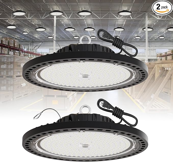 2 Pack UFO LED High Bay Light 200W, 29000 LM, 5000K with 5ft Power Cord, US Plug, Bright LED Shop Light for Basement Commercial Factory Garage Lighting, IP66 Waterproof, AC110-277V, ETL Listded