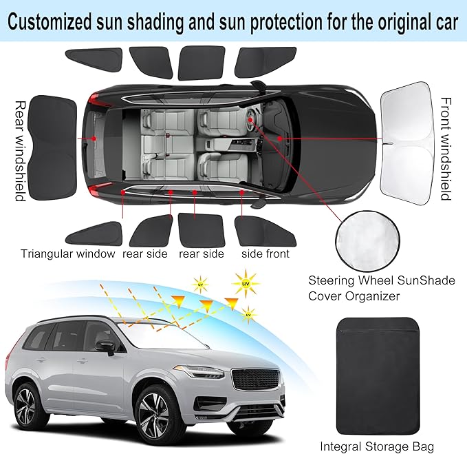 TINGLU Window Shades for Volvo XC90 2016-2024 2025 Accessories Car Side Full Windows Rear Triangular Windshield Sun Shade Sun UV Rays & Privacy Protection for Camping,Napping,and Relaxing 10PCS