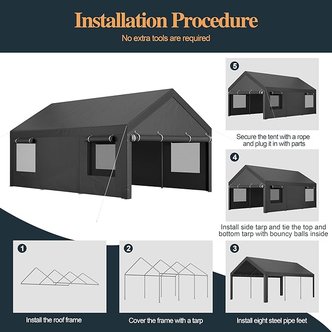 Shintenchi Carport 12' x 20' Heavy Duty Portable Garage, Carport Canopy with Side-Opening Door & Roll-Up Windows, Car Canopy for Truck,Car,Boat,Grey